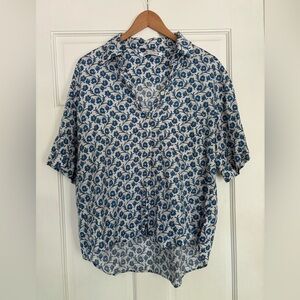 Zara Womens Floral Pattern Button Up Top Large, Blue and White